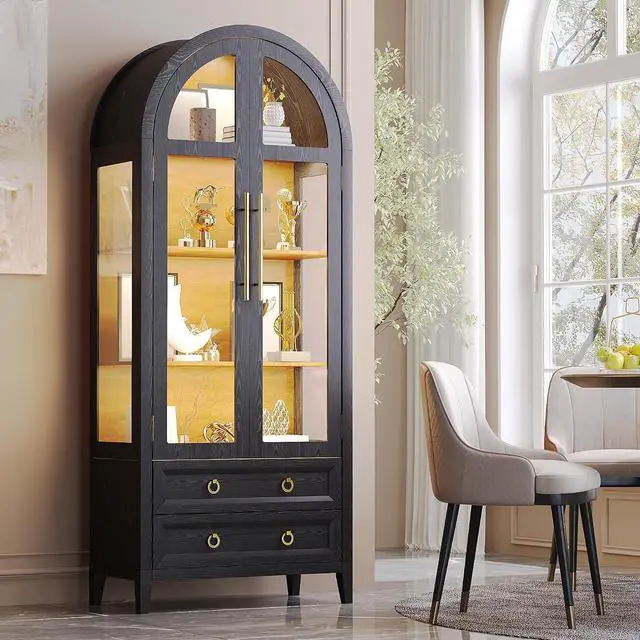 Main image of Vlsrka 71 Inch Arched Curio Cabinet, 4-Tier Display Cabinet with 2 Drawers | 3 Color Lights China Cabinets with Glass Doors, Tall Arched Bookcase Storage Cabinet, Arched Bookshelf, Pantry, Black+Wood