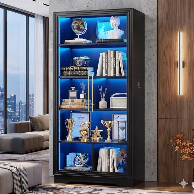 Main image of Vlsrka 65 Tall Storage Cabinet with 5 Tier Adjustable Shelves, LED Lights | Modern Display Cabinet for Collectbles, Book, Motion Sensor, Bookcase with Glass Door for Home Office Living Room, Black