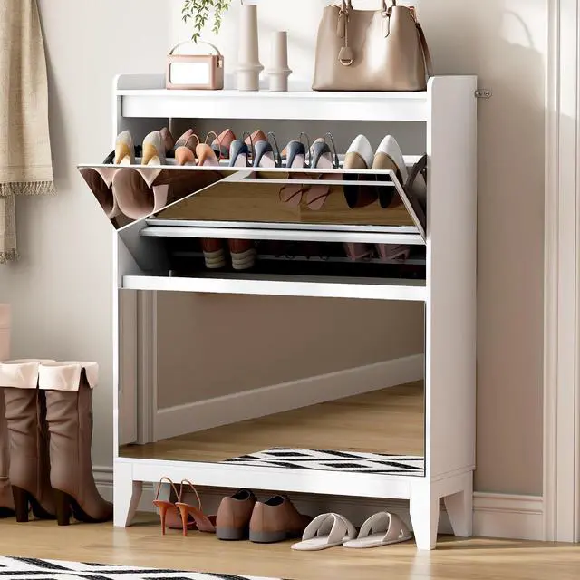 Main image of Vlsrka Shoe Cabinet Storage for Entryway with 2 Flip Drawers, Narrow Wooden Shoe Cabinet, Outdoor Hidden Shoe Storage for Entryway, Garage, Foyer, Hallway, Living Room (White A)