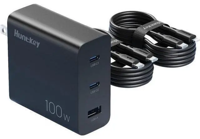 Main image of Huntkey 100W USB C Charger with 2-Pack USB C Cable, 3-Port GaN PD Fast Power Adapter USB C Wall Charger Block for MacBook Pro/Air, Dell XPS, iPad, iPhone 14/14 Pro /13/13 Pro, Galaxy S23/S22/S21