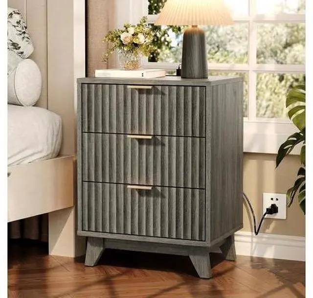 Main image of Gray Nightstand with Charging Station, Fluted Nightstand 3 Drawers Grey Night Stand for Bedroom, Fluted Grey Bedside Table/End Table/Side Table, 17.72" W*13.78" D*23.62" H, 1 pc