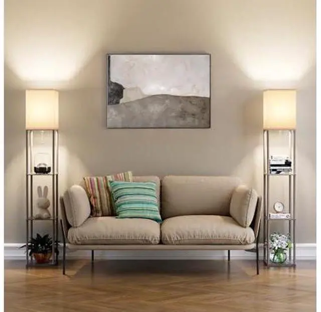Main image of Floor Lamp with Shelves for Living Room 2 Pack Oak Gray, Shelf Floor Lamp with 3 CCT LED Bulb, Corner Display Standing Column Lamp Etagere Organizer Tower Nightstand with White Linen Shade for Bedroom