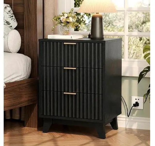 Main image of Black Fluted Nightstand with Charging Station,3 Drawer Black Wood Nightstand for Bedroom, Modern Night Stand with Drawers, Fluted Bedside Table/End Table/Side Table, 17.72" W, 1 pc