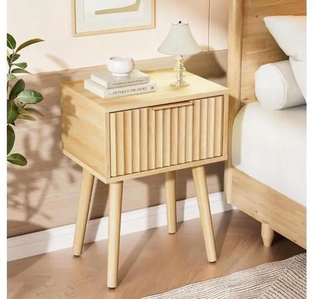 Main image of Night Stand Set 2, Fluted Nightstands with Drawer, Mid Century Modern Nightstands Set of 2, Bedside Table, End Table, Wood Nightstand for Bedroom, Natural Oak, 15.75" W*11.81" D*21.85" H