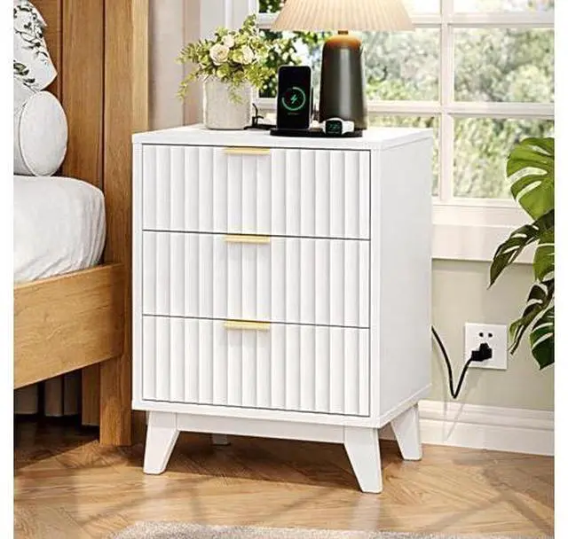 Main image of Fluted White Nightstand with Charging Station, 3 Drawer White Night Stand Bedside Table with Drawers for Bedroom, Fluted Bedside Table/End Table/Side Table, 17.72" W*13.78" D*23.62" H, 1 pc