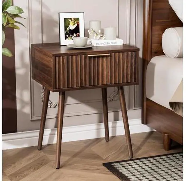 Main image of Nightstands Set of 2, Fluted Night Stand with Drawer, Bedside Table, Wood Nightstand for Bedroom, Mid Century Modern End Tables, Walnut, 18.9" W*14.96" D*24" H