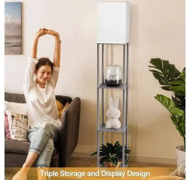 Main image of Floor Lamp with Shelves for Living Room, Shelf Floor Lamp with 3 CCT LED Bulb, Corner Display Standing Column Lamp Etagere Organizer Tower Nightstand with White Linen Shade for Bedroom, Dark Gray
