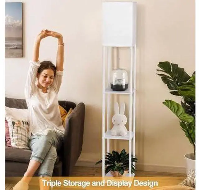Main image of Floor Lamp with Shelves for Living Room White, Shelf Floor Lamp with 3 CCT LED Bulb, Corner Display Standing Column Lamp Etagere Organizer Tower Nightstand with White Linen Shade for Bedroom, Office