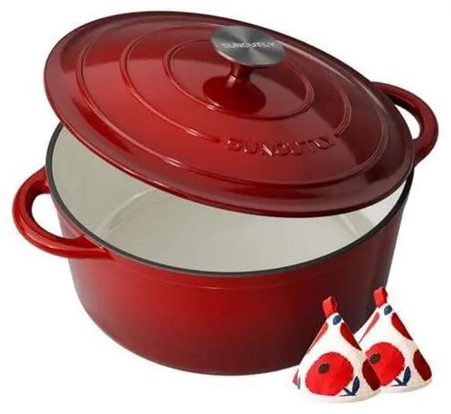 Main image of Enameled Cast Iron Dutch Oven - 7.5QT Pot with Lid & Cotton Potholders - Heavy-Duty Cookware for Braising, Stews, Roasting, Bread Baking, Oven Safe up to 500°F & Suitable for All Cooktops, Cherry Red