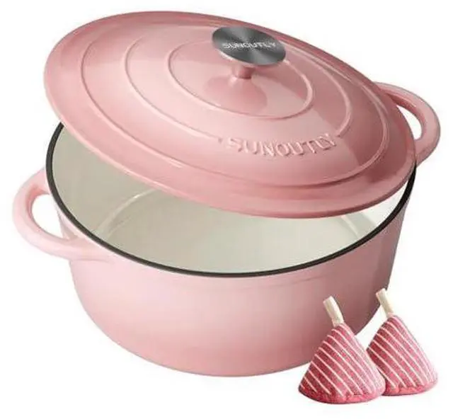Main image of Enameled Cast Iron Dutch Oven - 7.5QT Dutch Oven Pot with Lid & Cotton Potholders - Heavy-Duty Non Stick Casserole Pot for Braising, Stews, Roasting, Baking, Suitable for All Stovetops, Gentle Pink