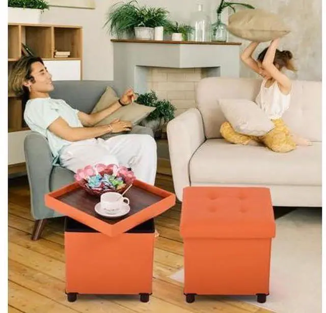 Main image of Dorriss Storage Ottoman for Living Room Ottoman Square with Tray Bedroom Cube Foot Rest Stool with Legs Small Ottomans Coffee Table Lid Foldable Footstool Faxu Leather 15" in (Orange)