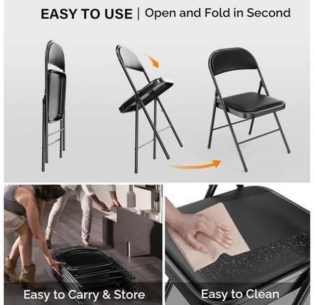 Main image of 4 Pack Folding Chairs with Padded Seats, Metal Frame with Pu Leather Seat & Back, Capacity 350 lbs, Set of 4, Black