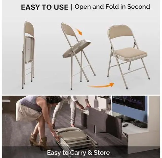 Main image of 4 Pack Folding Chairs with Padded Seats, Metal Frame with Fabric Seat & Back, Capacity 350 lbs, Khaki, Set of 4