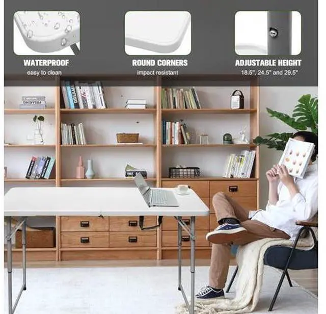 Main image of Byliable Folding Table 4 Foot Portable Heavy Duty Plastic Fold-in-Half Utility Table Small Indoor Outdoor Adjustable Height Folding with Carrying Handle, Camping and Party,White | Portable