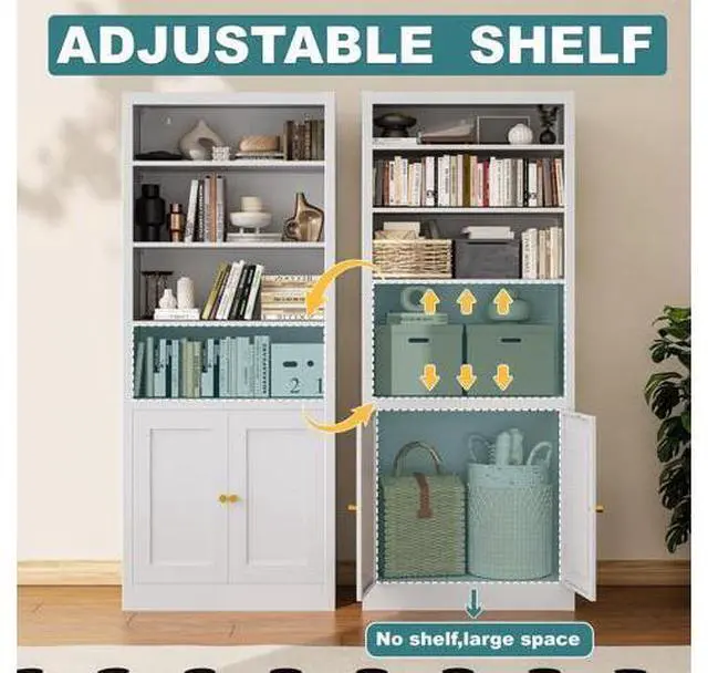 Main image of Bookcase with Doors and Adjustable Shelves, 55" Tall Metal 5-Tier Storage Cabinet, Freestanding Book