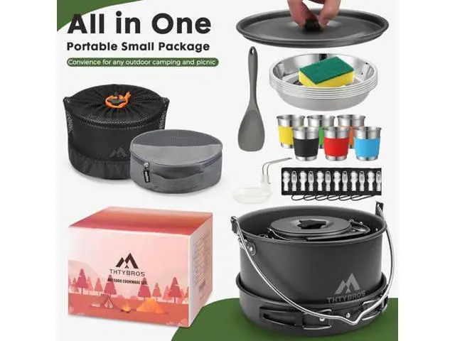 Main image of THTYBROS 43-Piece Camping Cookware Set,Large Mess Kit for 6 Persons,with 4.75QT Pot,2.1QT Kettle,Frying Pan,Cups,Utensils and Tableware,Heavy Duty Aluminum Cook Set for Outdoor Camping,Hiking,Picnic
