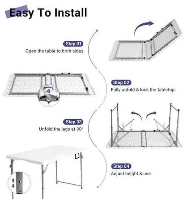 Main image of Byliable Folding Table 4 Foot, Heavy Duty Portable Plastic Fold-in-Half Utility 4ft Folding Table with Carrying Handle for Indoor Outdoor, Camping Picnic Party, White