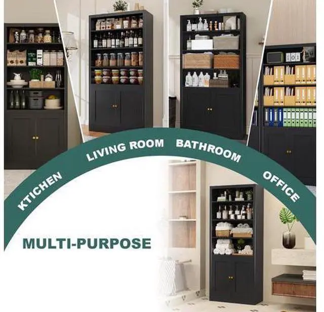 Main image of Bookshelf with Doors and Adjustable Shelves, 55" Tall Metal 5-Tier Bookcase, Freestanding Bookshelf