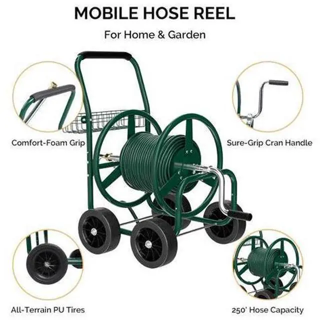 Main image of 4-Wheel Garden Hose Reel Cart with Storage Basket, Portable Residential Hose Reel Cart, Lawn Watering, for Garden Backyard and Farm (Green 250FT)