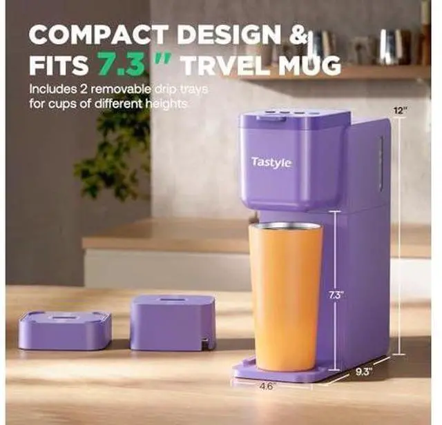 Main image of Tastyle Single Serve Coffee Maker Hot and Iced with Bold Brew, Small Coffee Machine for K Cup and Ground, Fits 7.3'' Travel Mug, Brews up to 16 Oz, 5 Cup Sizes, Compact for Office, RV& Hotel, Lavender