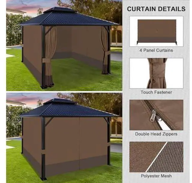 Main image of Aoodor 10x12 ft Outdoor Gazebo Curtains, 4 Panels Waterproof Privacy Sidewall Replacement with Zipper for Patio Pergola and Canopy, Brown and Coffee