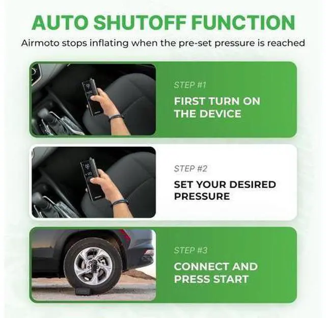 Main image of Airmoto Tire Inflator Portable Air Compressor - Air Pump For Car Tires with Digital Pressure Gauge, LED Light and Auto Shut-Off Function - Cordless Pump for Car, Motorcycle, Bicycle, Ball
