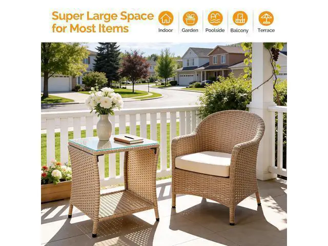 Main image of Outdoor Wicker Side Table Patio Side Tables for Outside, Tempered Glass Top Wicker Table with Storage End Table for Balcony Porch Deck (Natural)