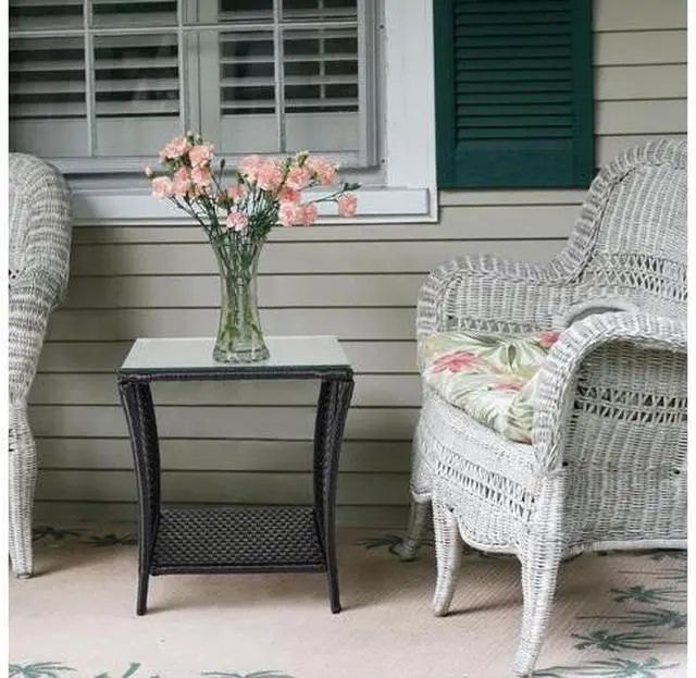 Main image of Outdoor Wicker Side Table Patio Side Tables for Outside, Tempered Glass Top Wicker Table with Storage End Table for Balcony Porch Deck (Black)