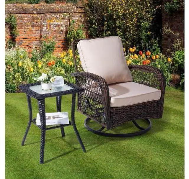 Main image of Outdoor Side Table with Storage Wicker Patio Side Table, Tempered Glass Top End Table for Balcony Porch Deck (Black)