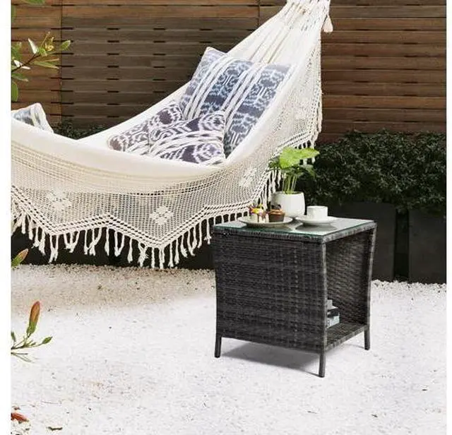 Main image of Outdoor Wicker Side Table Patio Side Tables for Outside, Tempered Glass Top Wicker Table with Storage End Table for Balcony Porch Deck (Grey)