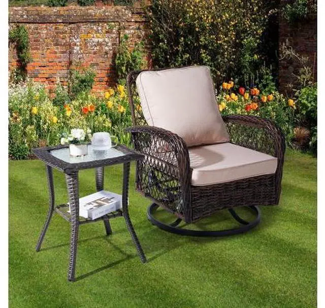 Main image of Outdoor Side Table with Storage Wicker Patio Side Table, Tempered Glass Top End Table for Balcony Porch Deck (Grey)