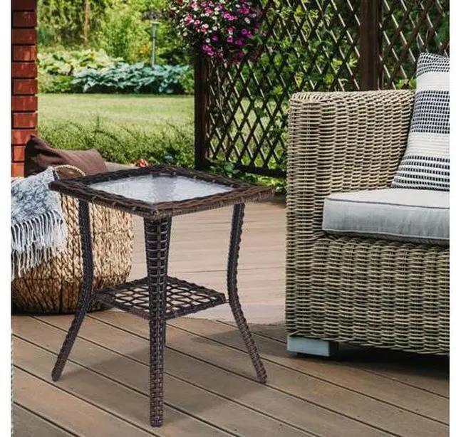 Main image of Outdoor Side Table with Storage Wicker Patio Side Table, Tempered Glass Top End Table for Balcony Porch Deck (Brown)