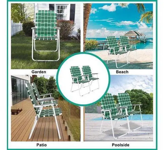 Main image of Patio Lawn Webbed Folding Chairs Set of 2, Outdoor Beach Chair Portable Dining Chair for Outdoor Yard, Garden (Dark Green, Classic)