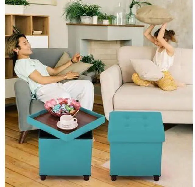 Main image of Dorriss Storage Ottoman - Foldable Footstool with Storage, Square Tray, Coffee Table Lid, Light Green