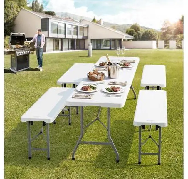Main image of 4 feet Plastic Folding Bench,Portable in/Outdoor Picnic Party Camping Dining Seat, Garden Soccer Multipurpose Entertaining Activities, Smooth HDPE Tabletop (2, White, 4ft)