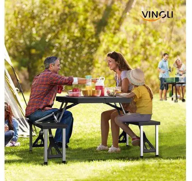 Main image of 4Ft Portable Folding Picnic Table Camping Table Foldable Set with 4 Seats with Umbrella Hole Suitcase Card Table-220 Lbs Support Aluminum Frame, Plastic RV Tabletop for Yard, Travel