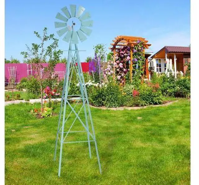 Main image of 8FT Ornamental Windmill Backyard Garden Decoration Weather Vane, Heavy Duty Metal Wind Mill w/ 4 Legs Design,Light Blue