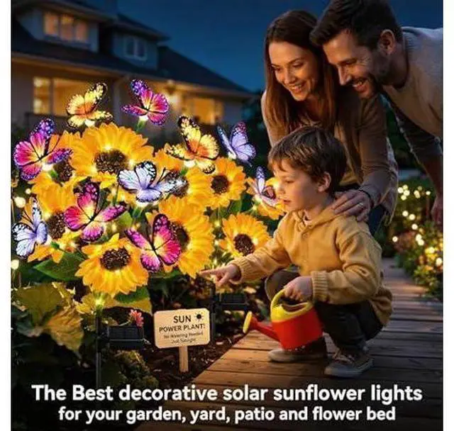 Main image of 6 Pack Solar Garden Lights Outdoor, Sunflower Solar Lights with Butterfly IP65 Waterproof, Solar Flower Lights for Yard Patio Garden Decor, Auto On/Off Solar Sunflowers Decorative, Gifts for Mom Women