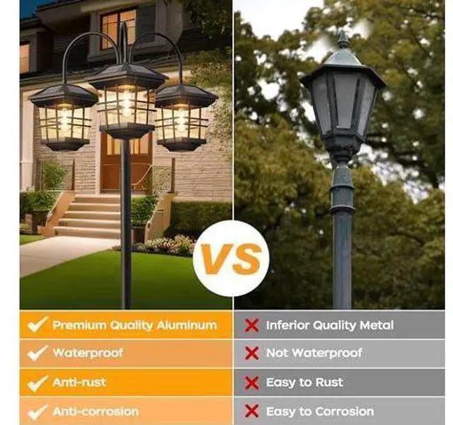 Main image of 76" Classic Black Solar Lamp Post Lights - 3-Head Waterproof Outdoor Street Lights, Pole Light Decorative Lamp for Backyard, Garden, Driveway, Lawn (LED Bulbs Included)