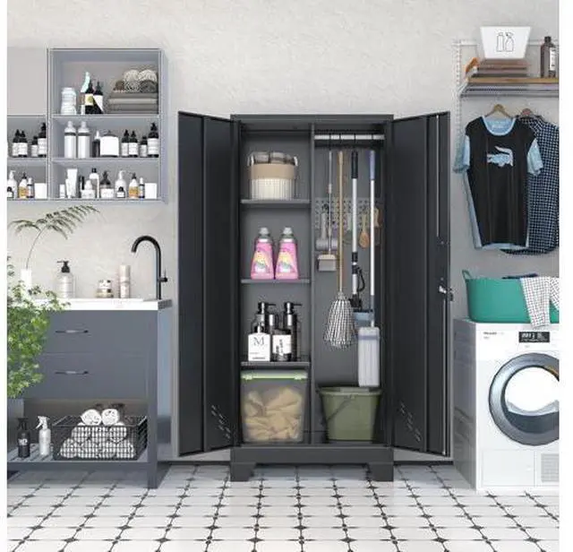 Main image of 61" H Garage Cabinets, Metal Storage Cabinet with Lockable Doors and Pegboard, Utility Closet for Br