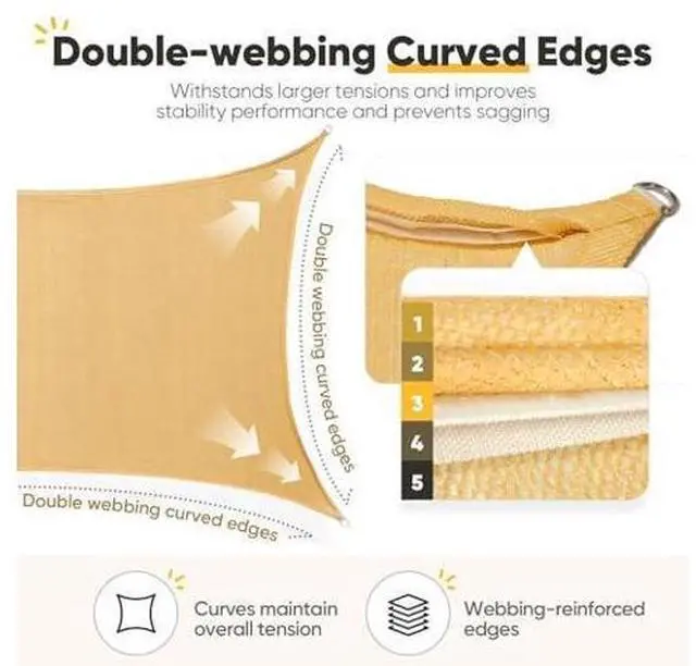 Main image of Quictent Rectangular Sun Shade Sail 185G HDPE Canopy 98% UV Block Outdoor Patio Garden Commercial Deck with Hardware Kit (Sand) 12x16ft