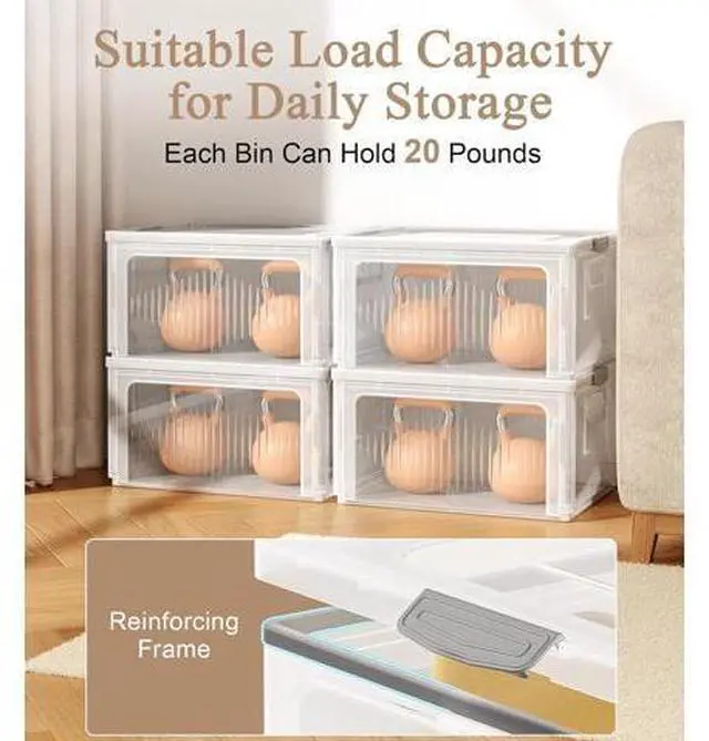 Main image of 28QT Stackable Storage Bins with Lids, 4 Pack Plastic Collapsible Organizer Box, Foldable Clear Totes & Containers for Closet, Living Room, Garage, Straight Design Offers More Space