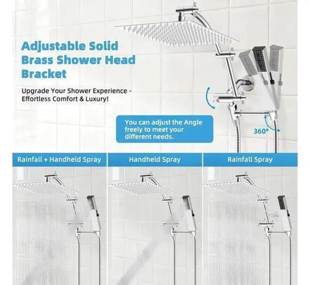 Main image of Hibbent All Metal CUPC Certified 12'' Rainfall Shower Head, Dual Shower Head Combo with 4 Handheld S