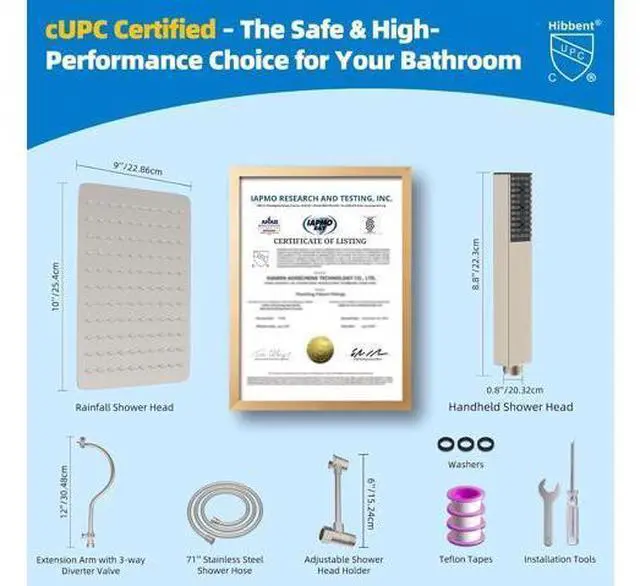 Main image of Hibbent All Metal cUPC Certified Shower Head, 10'' High Pressure Rainfall Showerhead Combo, Handheld