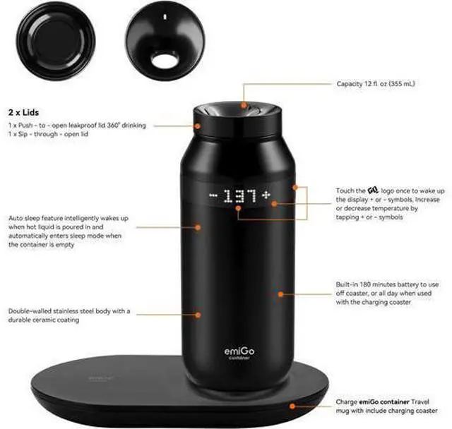 Main image of TempMaster Smart Heated Travel Mug, 12 fl. oz (355 ml), App Controlled Temperature 120-144°F, Rechargeable Coffee Mug with Charging Coaster & 2 Lids, IPX7 Waterproof (Copper) Black