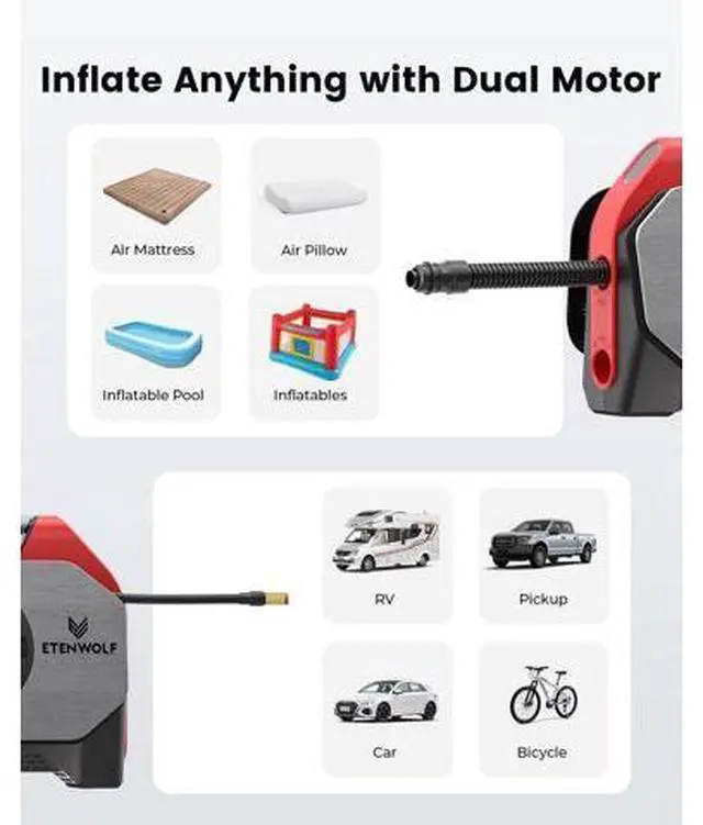 ETENWOLF Vortex S6SE Cordless Tire Inflator Portable Air Compressor, 160 PSI Air Pump for Car Tires with 15600 mAh Battery, 100% Duty Cycle & Dual Cylinder, Air Pump for Heavy-Duty Vehicle, Red