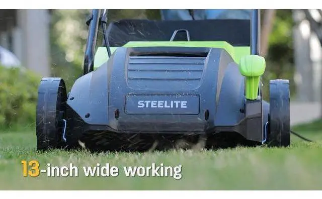 Main image of STEELITE 13-Inch 2-in-1 Electric Dethatcher & Scarifier, 8-Gallon Removable Collection Bag, 4-Position Height Adjustment, Powerful 12-Amp Motor for Healthier Lawns