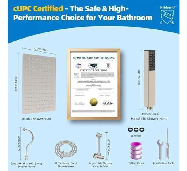 Main image of Hibbent All Metal cUPC Certified Shower Head, 12'' High Pressure Rainfall Showerhead Combo, Handheld