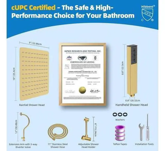 Main image of Hibbent All Metal cUPC Certified Shower Head, 10'' High Pressure Rainfall Shower Head Combo, Handhel