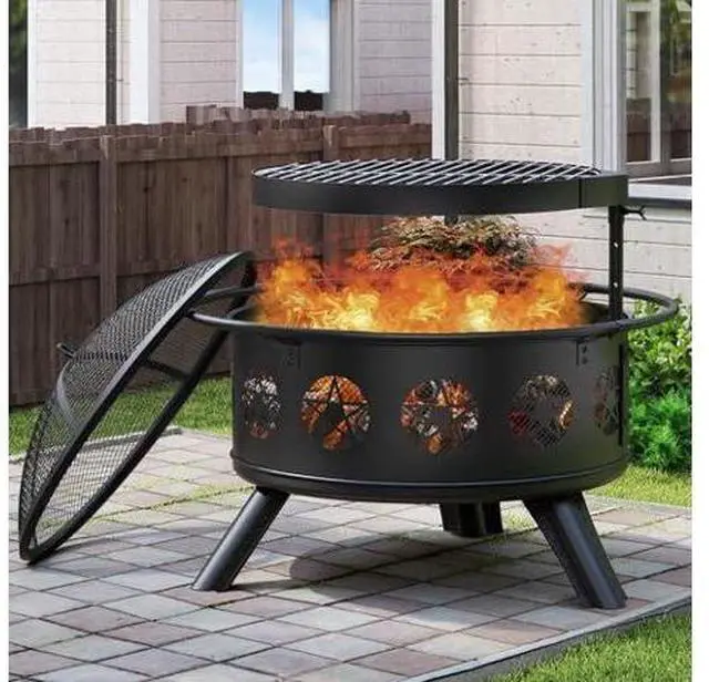 Main image of 32 Inch Fire Pit with BBQ Grill & Mesh Cover, Wood Burning Fire Pits for Outside with Fire Poker, Pentagram Hollow Design, Round Metal Outdoor Firepit for Patio, Garden, Backyard, Bonfire Party